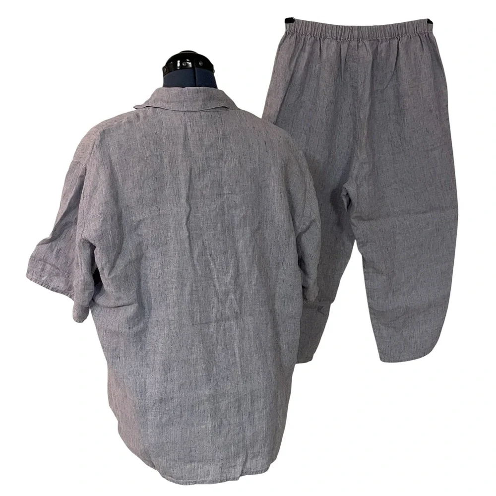 FLAX Jeanne Engelhart 3 Pc Blue 100% Linen Set Shirt Top Barrel Crop Pants S